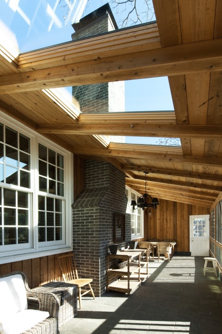 Skylights in outdoor patio area with timber ceiling and chimney in christchurch 